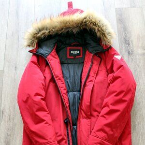 Guess Men's Red Faux-Fur Trim Hooded Long Snorkel Parka Coat Jacket Size Medium